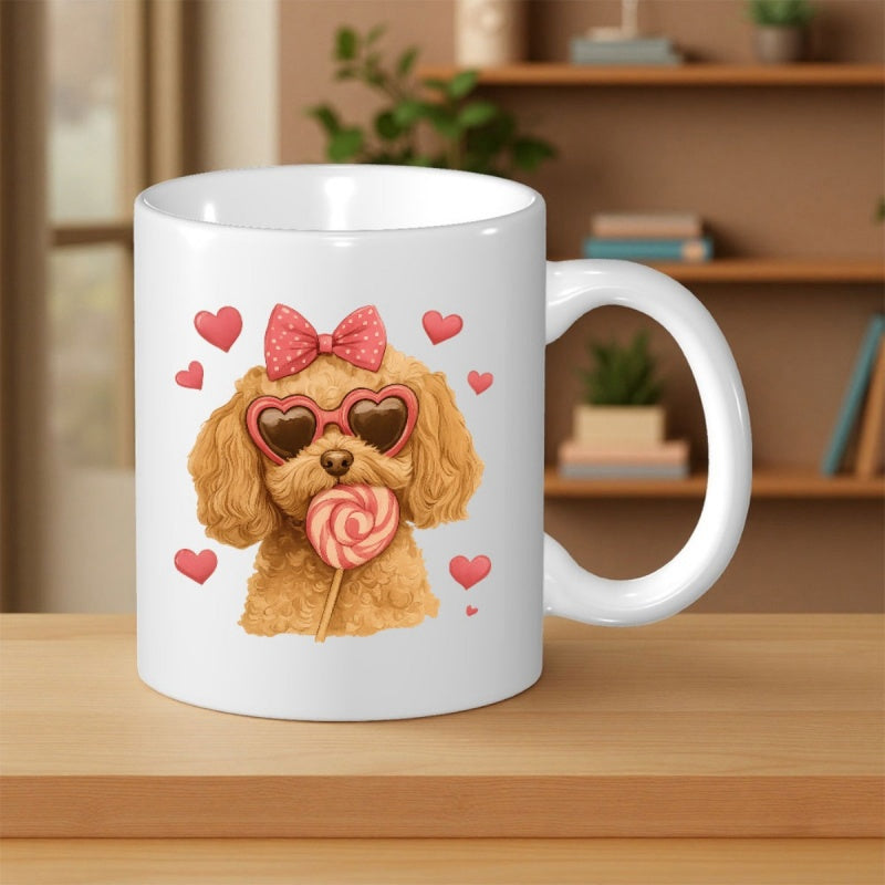 Tailorly White Ceramic 11 oz Mug - Cute Fluffy Poodle Wearing Heart Sunglasses And Bow Holding Swirl Lollipop Dog