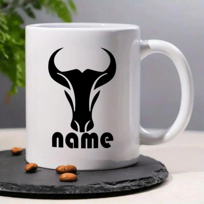 Tailorly White Ceramic 11 oz Mug - Name Strong Silhouette Minimalist Black Animal Design With Curved Sharp Horns Bull