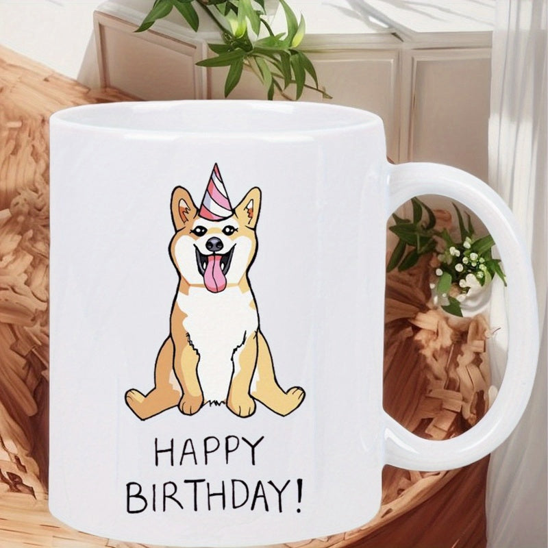Tailorly White Ceramic 11 oz Mug - Happy Birthday Adorable Cartoon Dog Wearing A Festive Party Hat While Sitting Happily Corgi