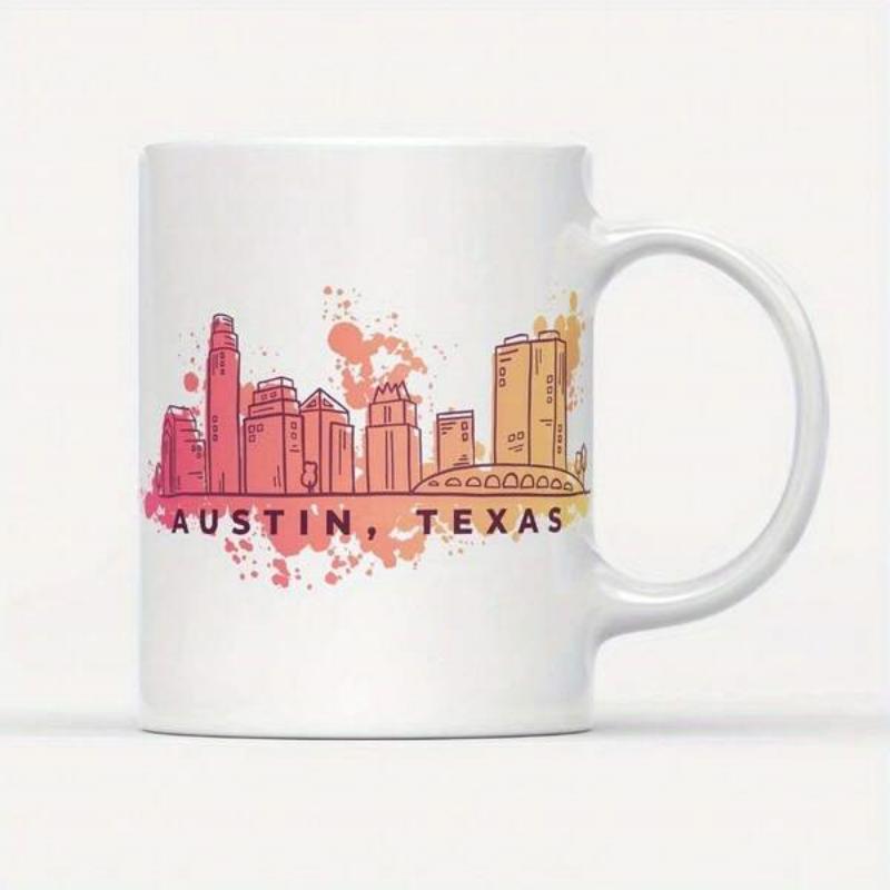 Tailorly White Ceramic 11 oz Mug - Austin Texas Vibrant Watercolor Style Depicting Colorful Urban Landmarks Within A Scenic City Skyline