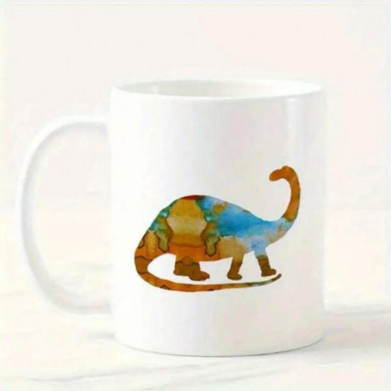 Tailorly White Ceramic 11 oz Mug - Colorful Abstract Watercolor Textures Within An Ancient Long Necked Silhouette Dinosaur