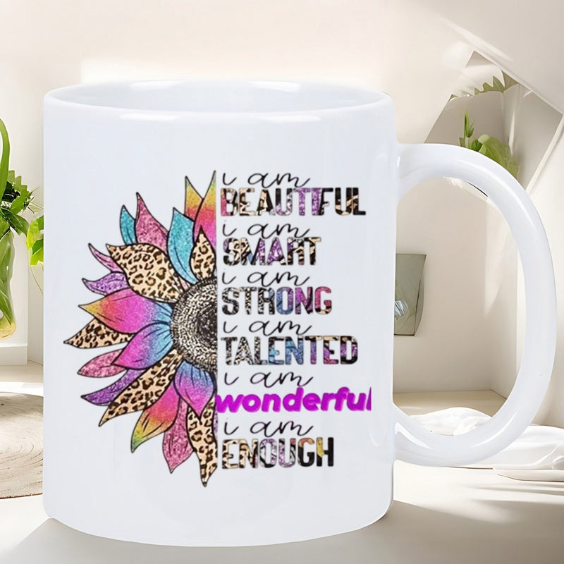 Tailorly White Ceramic 11 oz Mug - I Am Beautiful Smart Strong Talented Wonderful Enough Vibrant Multi Colored Petals With Leopard Print Texture Inside Half