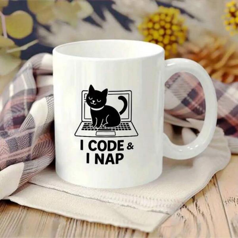 Tailorly White Ceramic 11 oz Mug - I Code I Nap Minimalist Black Cat Sitting On Laptop Keyboard In Calm Workspace Cat