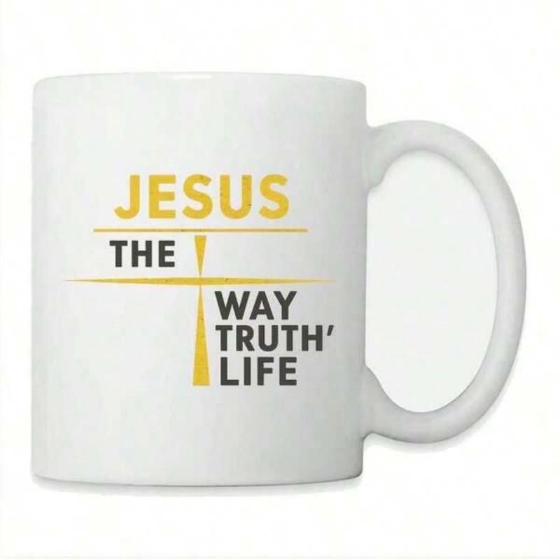 Tailorly White Ceramic 11 oz Mug - Jesus The Way Truth Life Minimalist Religious Design With Elegant Thin Lines And A Golden Cross