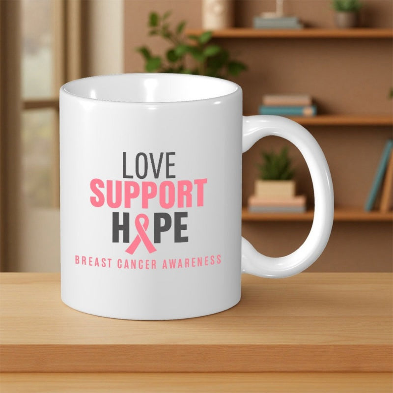 Tailorly White Ceramic 11 oz Mug - Love Support Hope Breast Cancer Awareness Pink Ribbon Symbol Placed Centrally On A Clean White Glossy Surface Mug