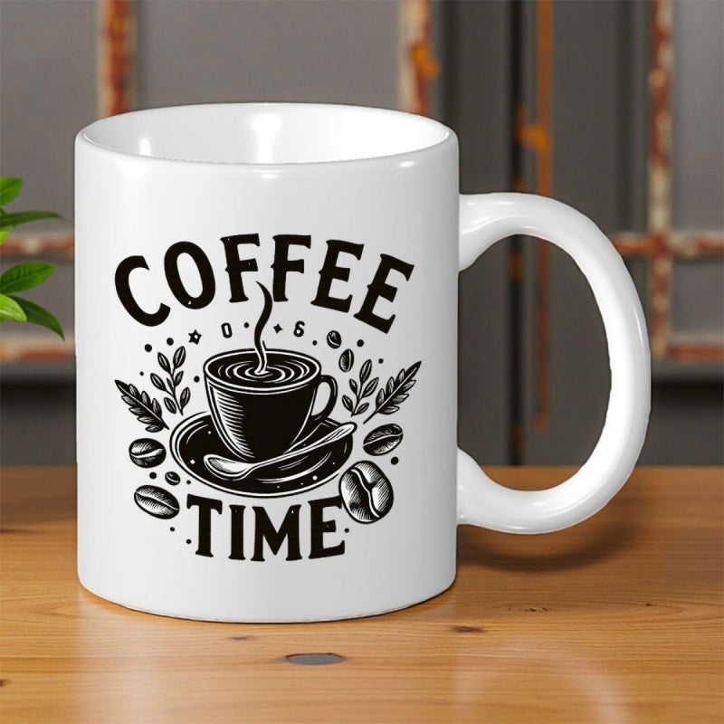Tailorly White Ceramic 11 oz Mug - Coffee Time Artistic Vintage Cup With Steaming Hot Brew And Scattered Beans Coffee
