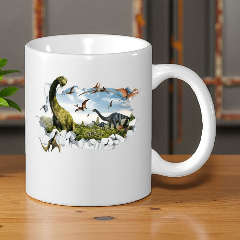 Tailorly White Ceramic 11 oz Mug - Prehistoric Scene With Flying Pterosaurs And Majestic Herbivores Within Lush Ancient Dinosaur