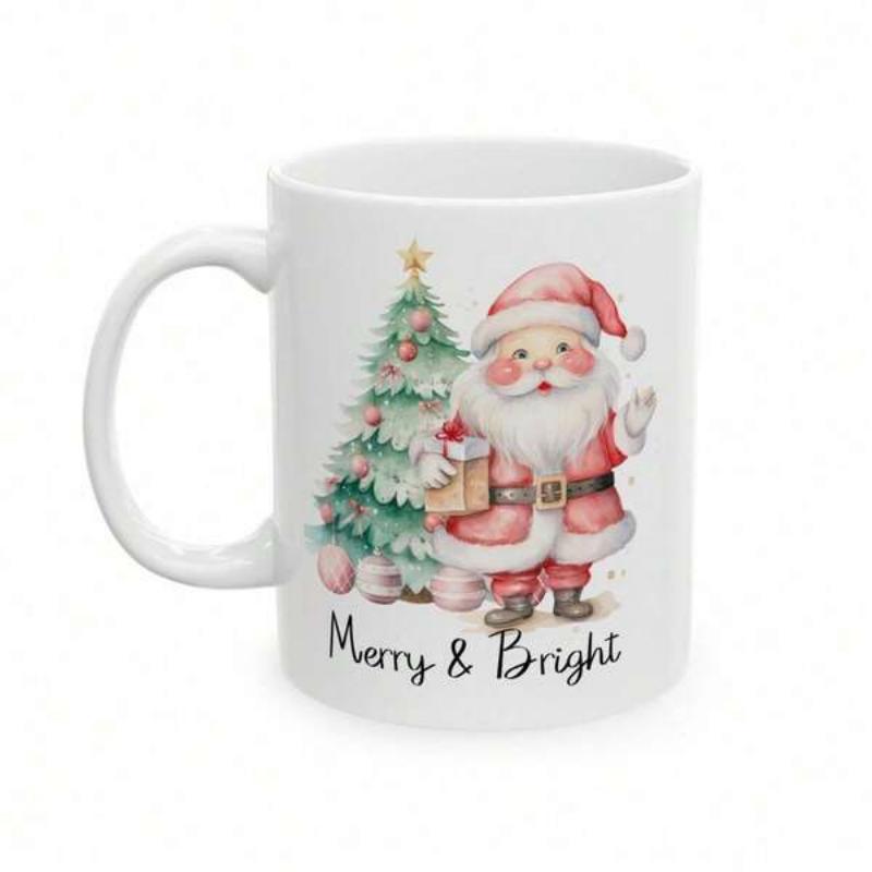 Tailorly White Ceramic 11 oz Mug - Merry Bright Charming Watercolor Character Holding Gift Beside Decorated Starry Tree Santa