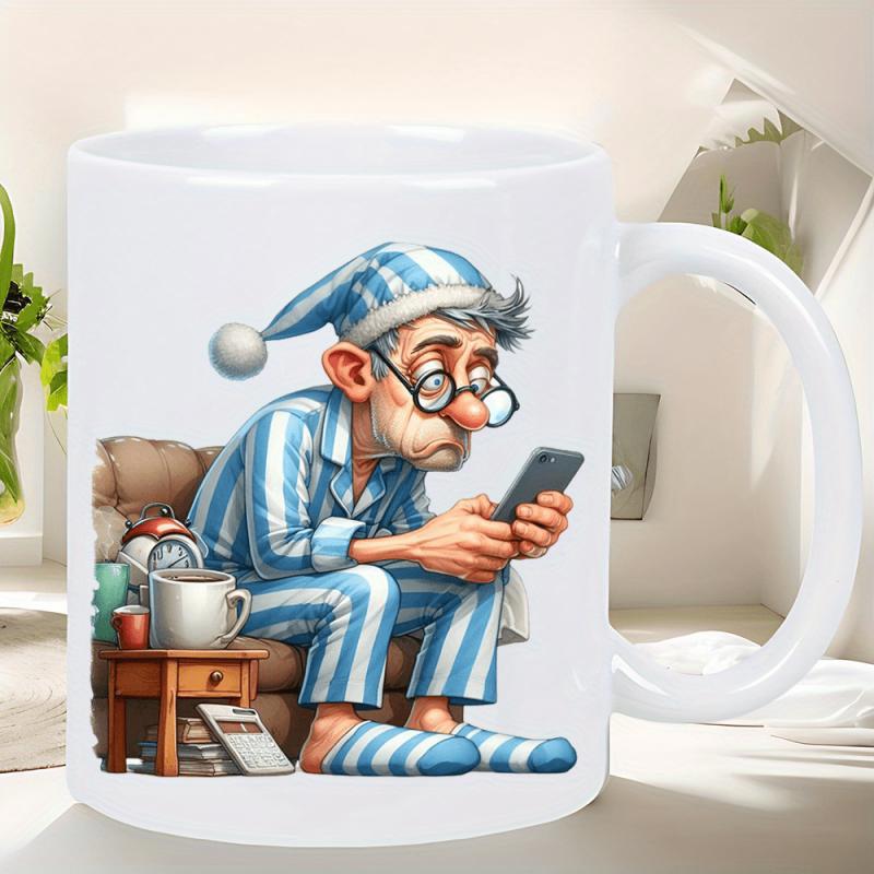 Tailorly White Ceramic 11 oz Mug - Tired Elderly Man Wearing Blue Striped Pajamas Holding A Glowing Smartphone Man