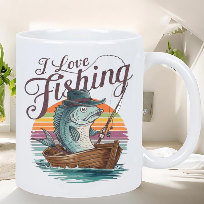 Tailorly White Ceramic 11 oz Mug - I Love Fishing Vintage Retro Sunset Style With A Fish Fishing In A Boat Bass