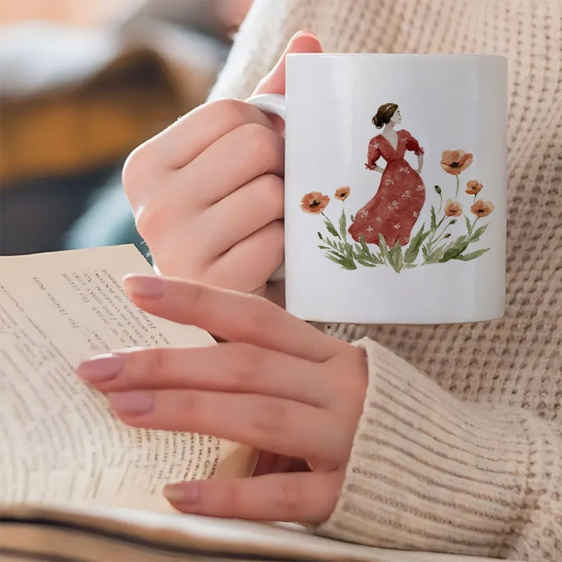 Tailorly White Ceramic 11 oz Mug - Graceful Lady In Flowing Red Dress Among Wild Poppy Flowers Lady