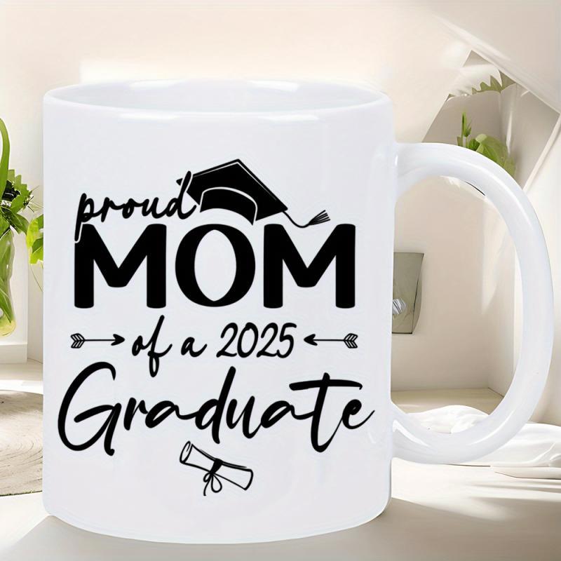 Tailorly White Ceramic 11 oz Mug - Proud Mom Of A 2025 Graduate Polished Graduation Cap And Rolled Diploma With Decorative Floating Arrows And Script Mug