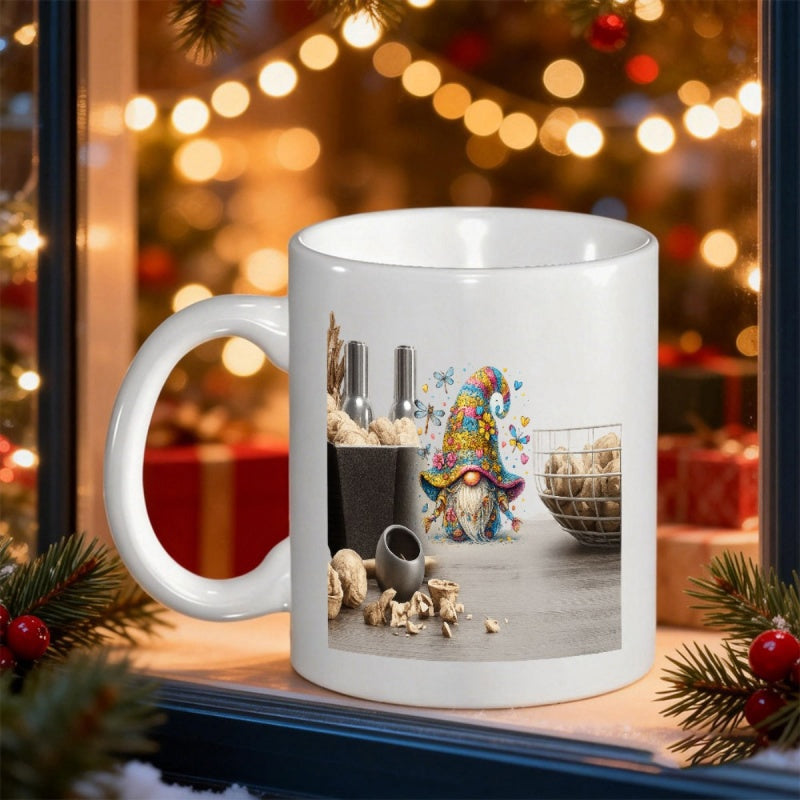 Tailorly White Ceramic 11 oz Mug - Whimsical Festive Scandinavian Christmas Character Resting Beside Rustic Winter Pinecones Gnome