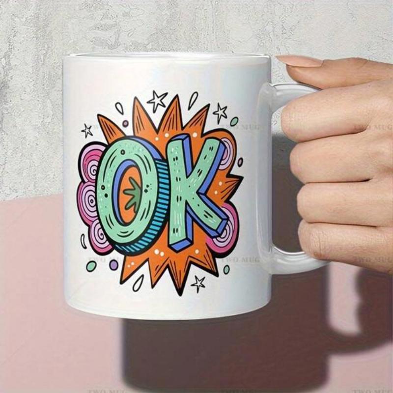 Tailorly White Ceramic 11 oz Mug - OK Vibrant Pop Art Style Comic Explosion With Stars And Pink Swirls Mug