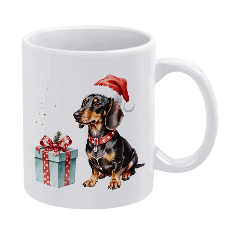 Tailorly White Ceramic 11 oz Mug - Festive Watercolor Dog Wearing Red Santa Hat Next To Gift Box Dachshund