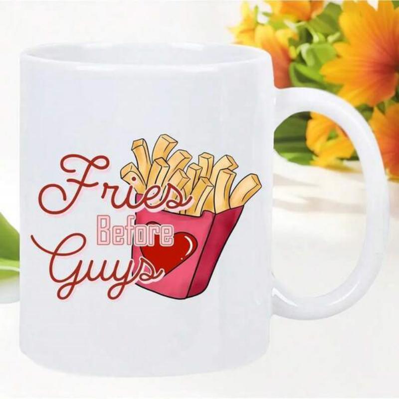 Tailorly White Ceramic 11 oz Mug - Fries Before Guys Crispy Golden French Fries Resting In A Red Heart Carton Fries