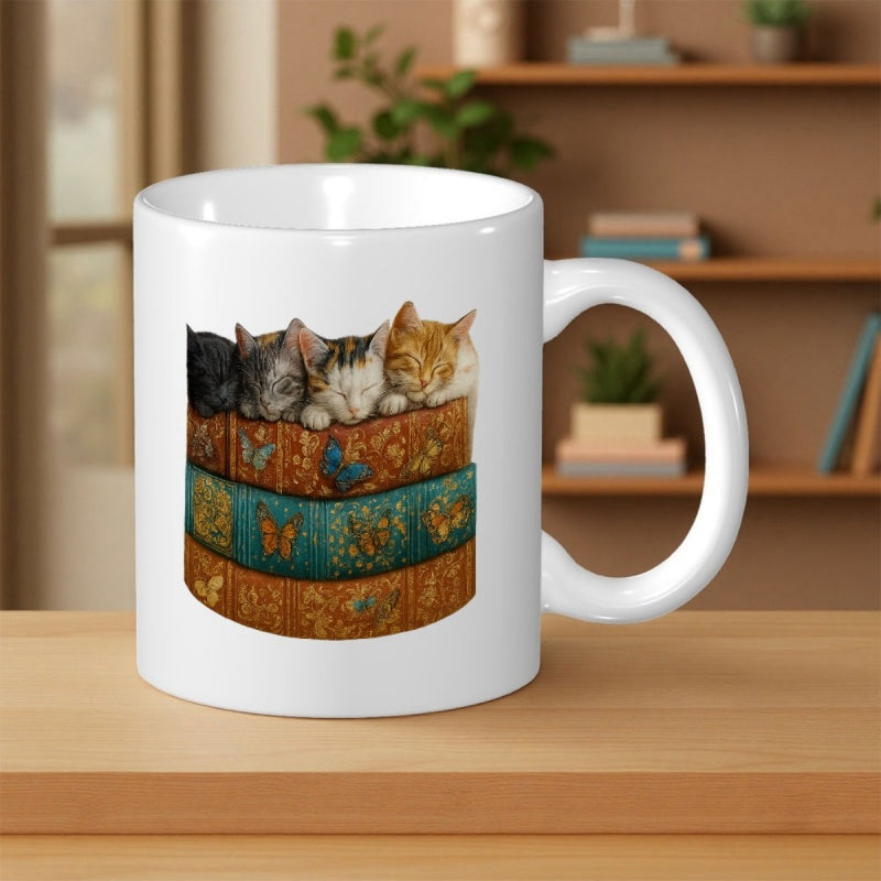 Tailorly White Ceramic 11 oz Mug - Peaceful Kittens Sleeping On A Stack Of Floral Vintage Decorative Books Kitten