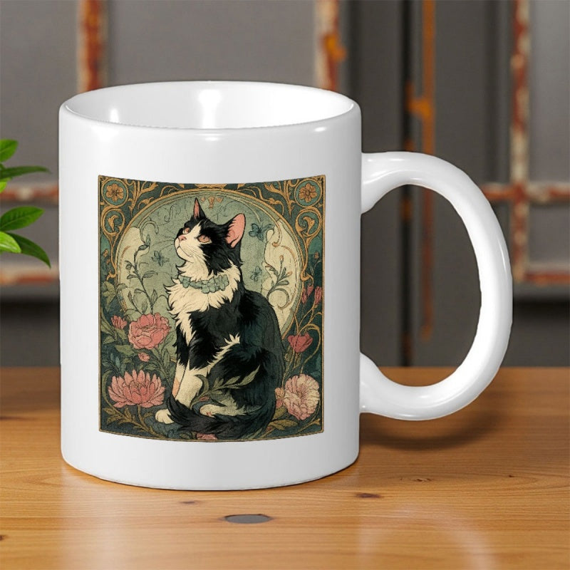 Tailorly White Ceramic 11 oz Mug - Elegant Tuxedo Feline Sitting Among Vintage Roses In An Art Nouveau Garden Cat