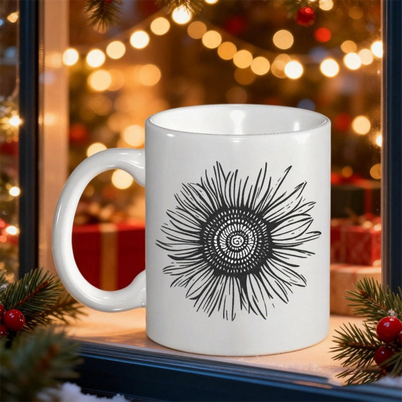 Tailorly White Ceramic 11 oz Mug - Intricate Black Ink Sketch Style Blooming Floral Pattern With Delicate Petals Sunflower