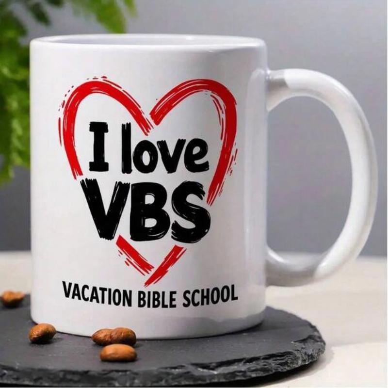 Tailorly White Ceramic 11 oz Mug - I Love VBS Vacation Bible School Artistic Red Painted Style Surrounded By Bold Black Letters Heart