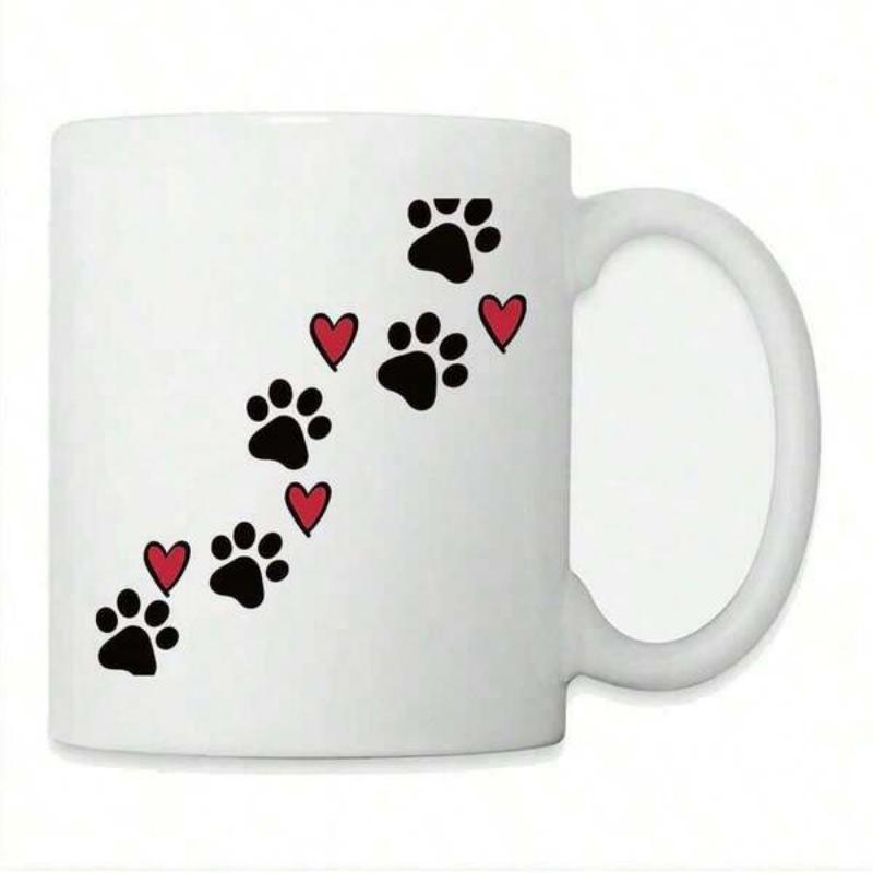 Tailorly White Ceramic 11 oz Mug - Trail Of Cute Black Animal Prints With Small Red Hearts Between Every Paw