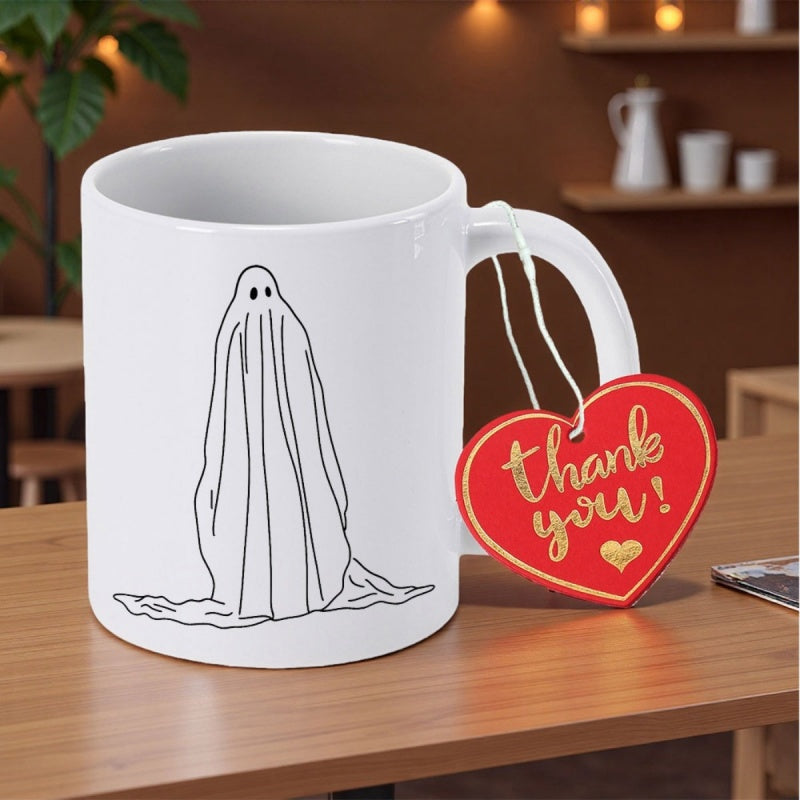 Tailorly White Ceramic 11 oz Mug - Thank You Minimalist Black Line Drawing Draped Over A Silent Standing Ghost