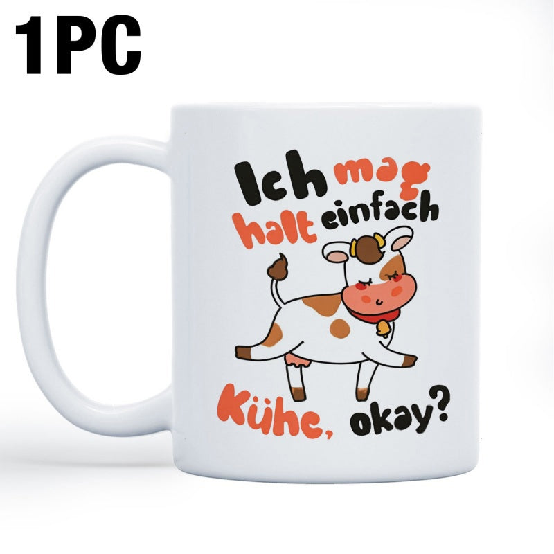 Tailorly White Ceramic 11 oz Mug - Okay Adorable Brown Spotted Cartoon Cow Wearing Golden Bell Resting In Playful Pose Cow