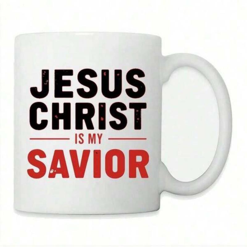 Tailorly White Ceramic 11 oz Mug - Jesus Christ Is My Savior Bold Black And Red Script Typography With Horizontal Lines Minimalist Script