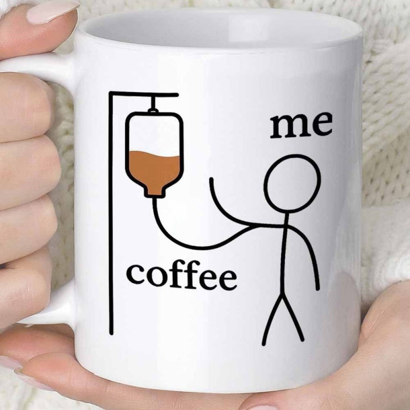 Tailorly White Ceramic 11 oz Mug - Me Coffee Minimalist Line Art Character Connected To An Energizing Caffeine Drip Stickman