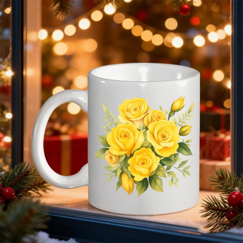 Tailorly White Ceramic 11 oz Mug - Vibrant Yellow Blooming Flowers With Delicate Green Leaves Arranged In Bouquet Rose