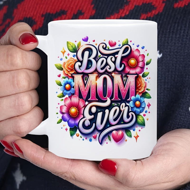 Tailorly White Ceramic 11 oz Mug - Best Mom Ever Vibrant Blooming Floral Design With Colorful Hearts And Artistic Decorative Leaves Flowers