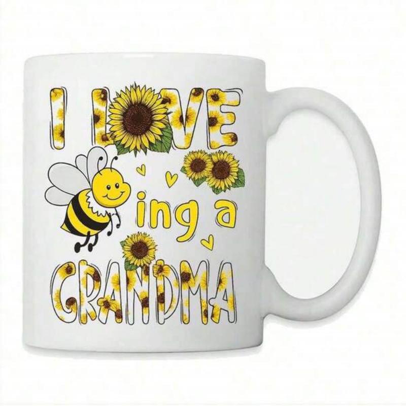 Tailorly White Ceramic 11 oz Mug - I Love Being A Grandma Cute Cartoon Bee Flying Among Blooming Yellow Sunflowers And Hearts Bee