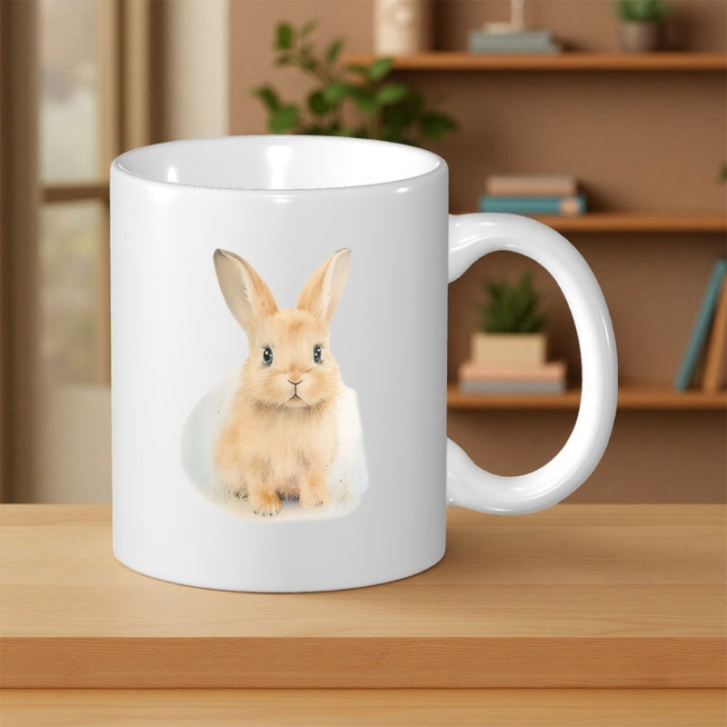 Tailorly White Ceramic 11 oz Mug - Cute Fluffy Golden Baby Bunny Sitting On A Soft White Background Rabbit