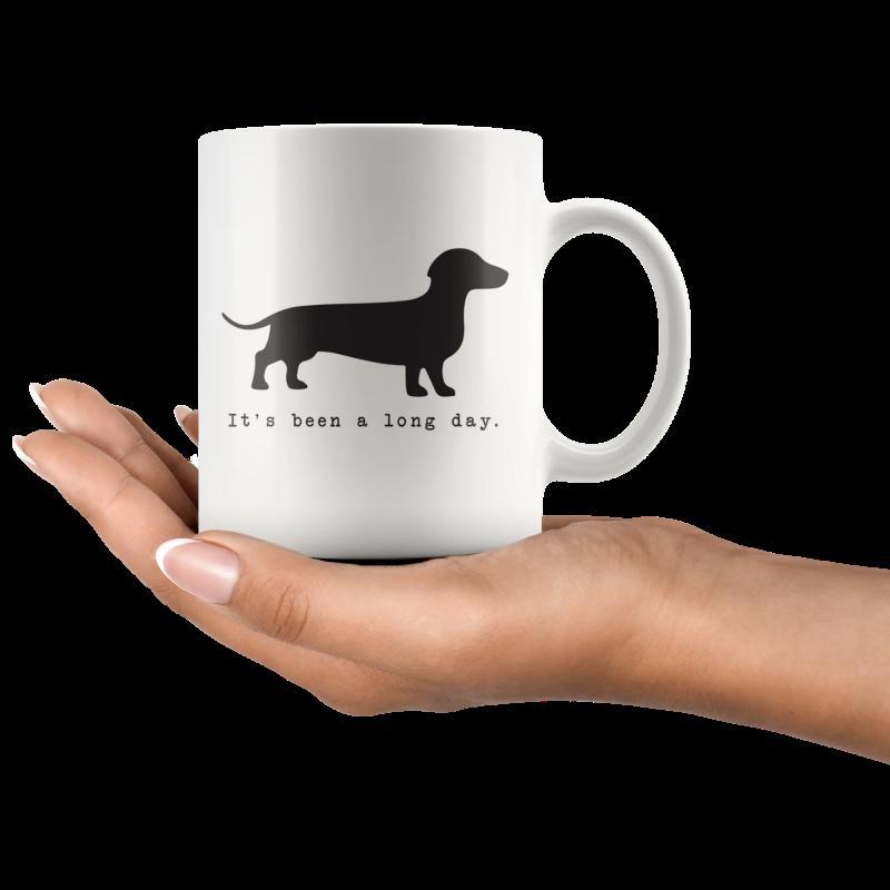 Tailorly White Ceramic 11 oz Mug - Its Been A Long Day Minimalist Solid Black Silhouette Of A Small Short Legged Wiener Dog Dachshund