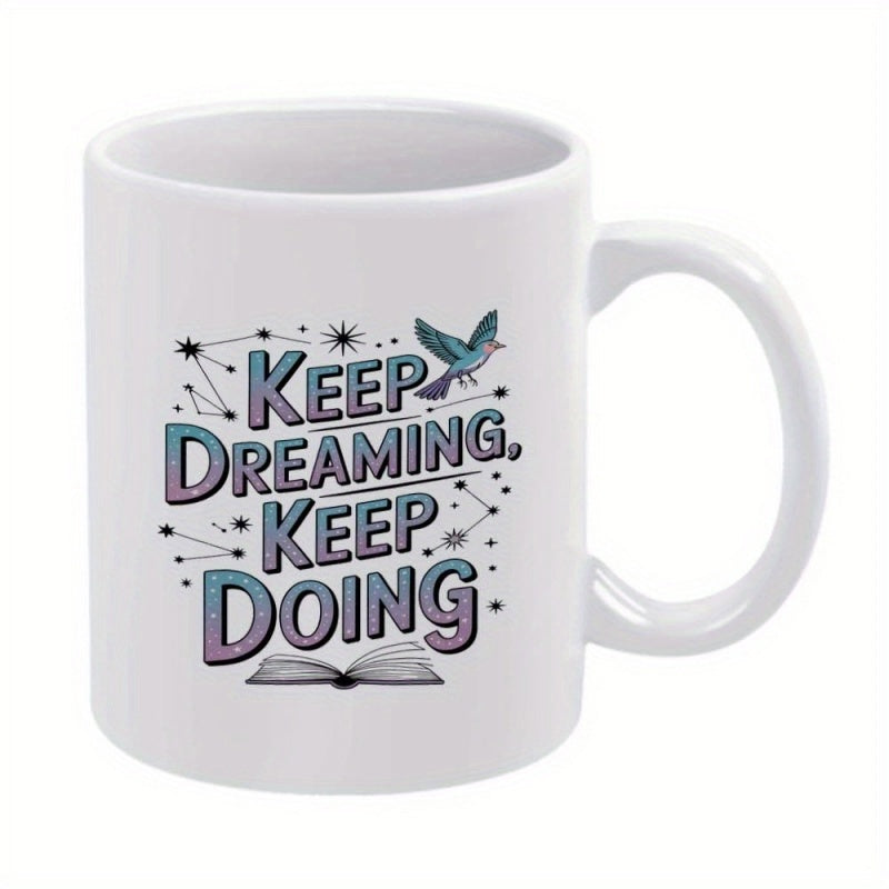Tailorly White Ceramic 11 oz Mug - Keep Dreaming Keep Doing Flying Blue Bird Over Open Book Under Twinkling Starry Sky Bird