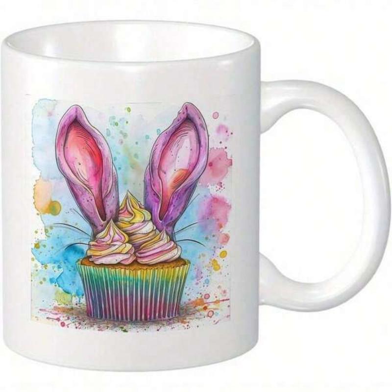 Tailorly White Ceramic 11 oz Mug - Watercolor Style With Colorful Rainbow Liner And Tall Purple Bunny Ears Cupcake