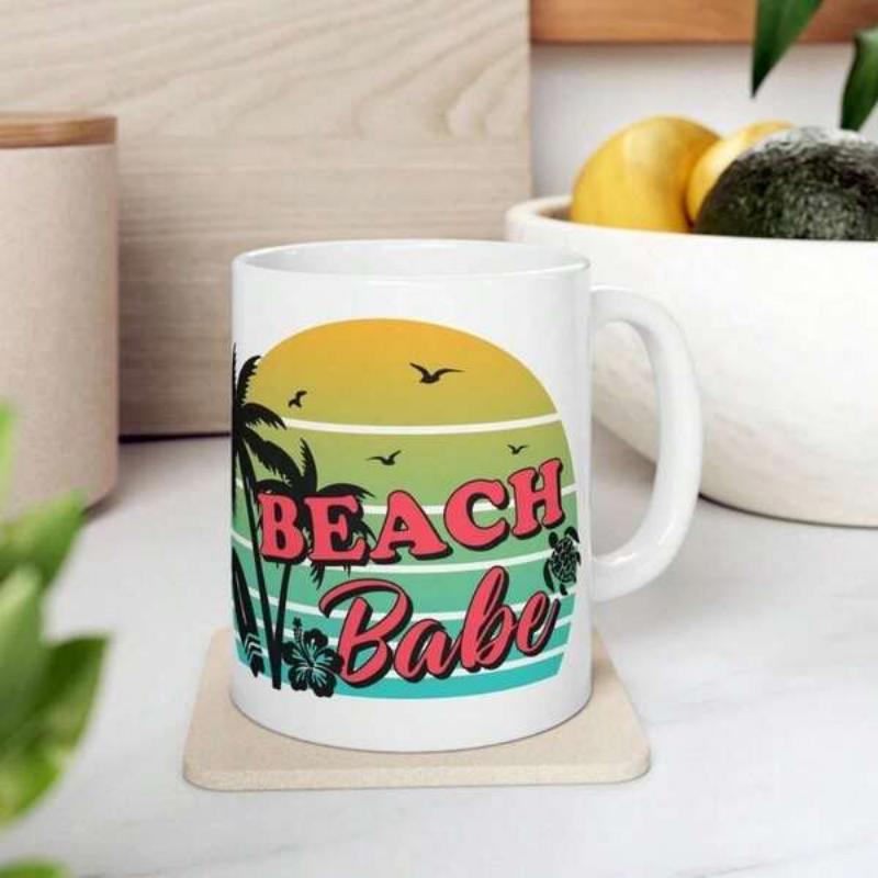 Tailorly White Ceramic 11 oz Mug - Beach Babe Tropical Retro With Palm Trees And Flying Seagulls Sunset