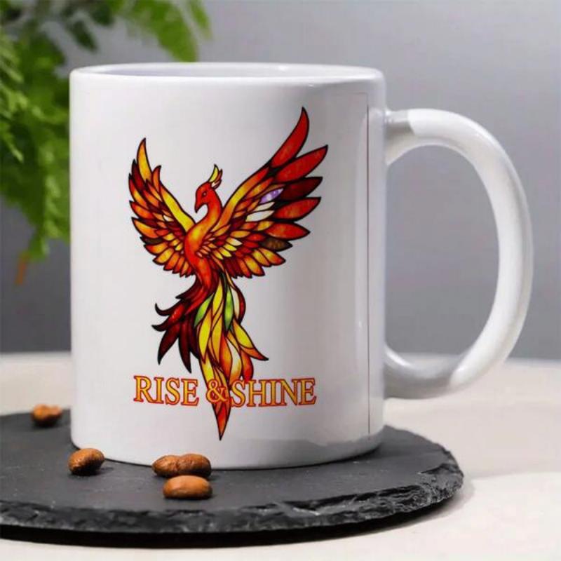 Tailorly White Ceramic 11 oz Mug - Rise Shine Vibrant Wings With Fiery Feathers Soaring High From The Burning Ashes Phoenix
