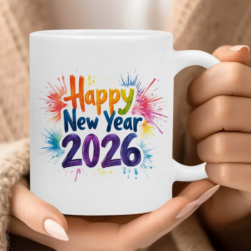 Tailorly White Ceramic 11 oz Mug - Happy New Year 2026 Vibrant Colorful Watercolor Ink Splashes Bursting Behind Festive Holiday Typography Splashes