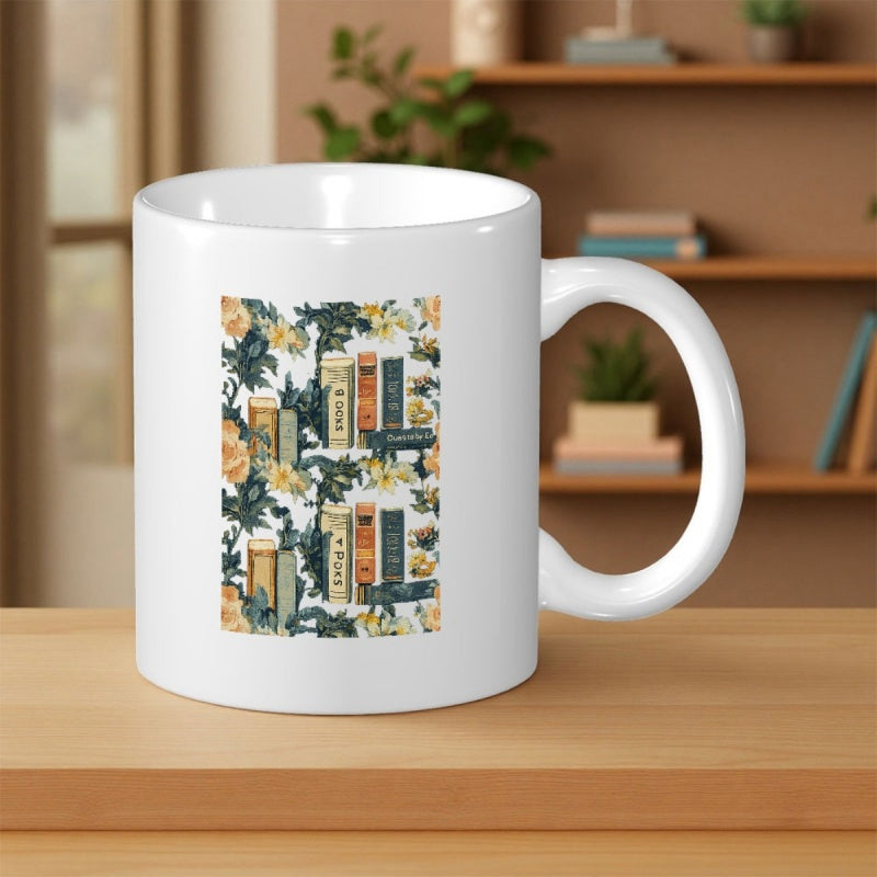 Tailorly White Ceramic 11 oz Mug - Vintage Floral Arrangement With Classic Literature Stacks Among Blooming Garden Roses Books