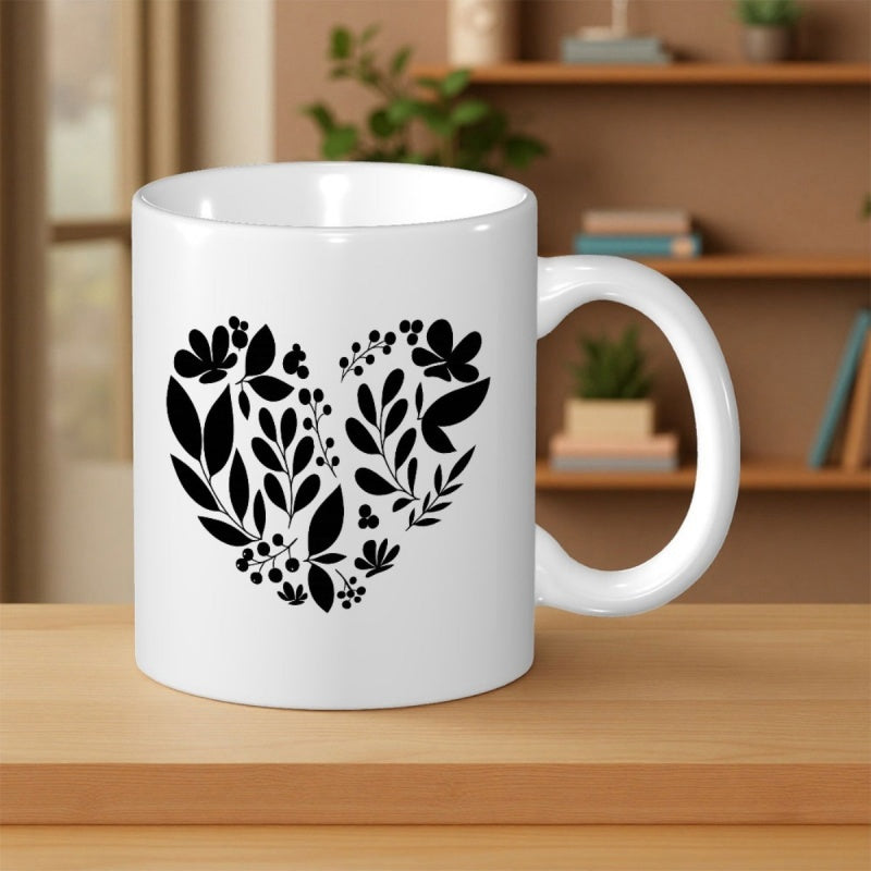 Tailorly White Ceramic 11 oz Mug - Minimalist Black Floral Silhouettes Arranged In A Decorative Symmetrical Heart