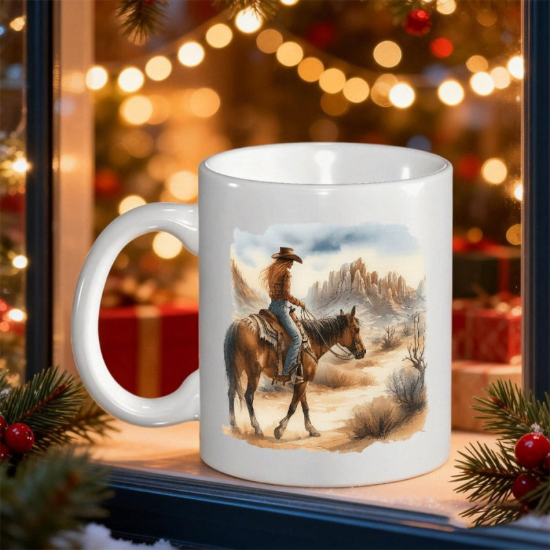 Tailorly White Ceramic 11 oz Mug - Majestic Western Desert Landscape Featuring A Cowgirl Riding Her Loyal Horse