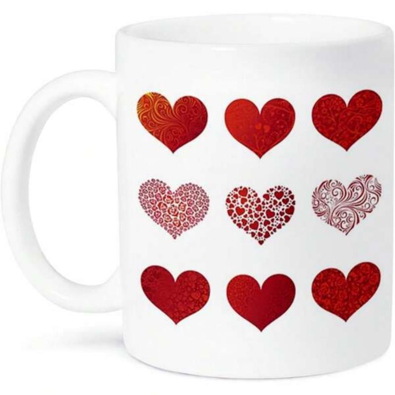 Tailorly White Ceramic 11 oz Mug - Artistic Pattern With Red Textured Love Symbols Arranged In Grid Style Heart