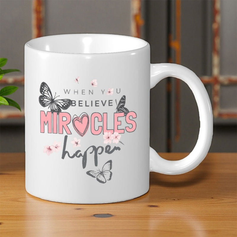 Tailorly White Ceramic 11 oz Mug - When You Believe Miracles Happen Graceful Fluttering Wings Among Delicate Pink Cherry Blossom Petals And Heart Butterfly