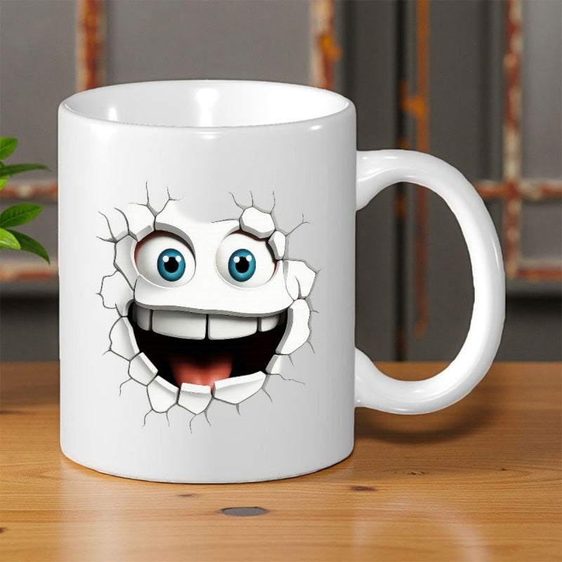 Tailorly White Ceramic 11 oz Mug - Funny Cartoon Face With Blue Eyes Breaking Through White Cracked Wall Mug
