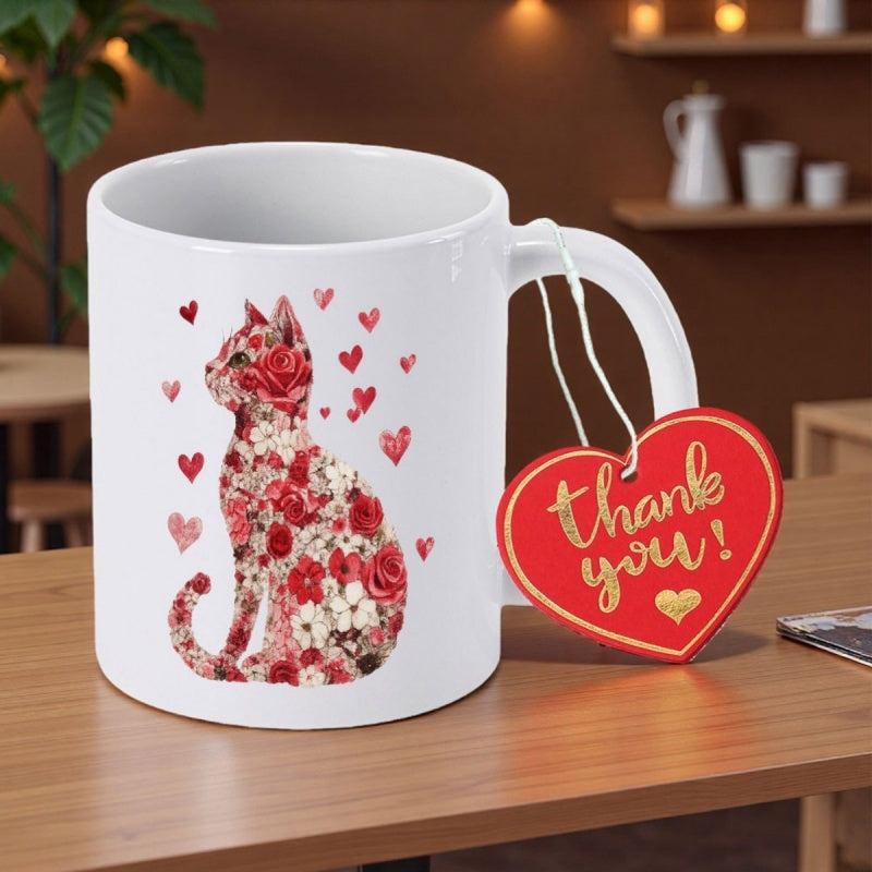 Tailorly White Ceramic 11 oz Mug - Thank You Elegant Floral Pattern Silhouette Surrounded By Floating Hearts And Delicate Roses Cat