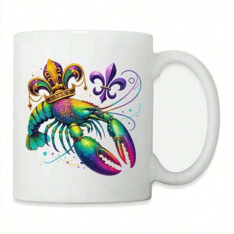 Tailorly White Ceramic 11 oz Mug - Vibrant Rainbow Colors Wearing Golden Crown With Artistic Fleur De Lis Symbols Lobster