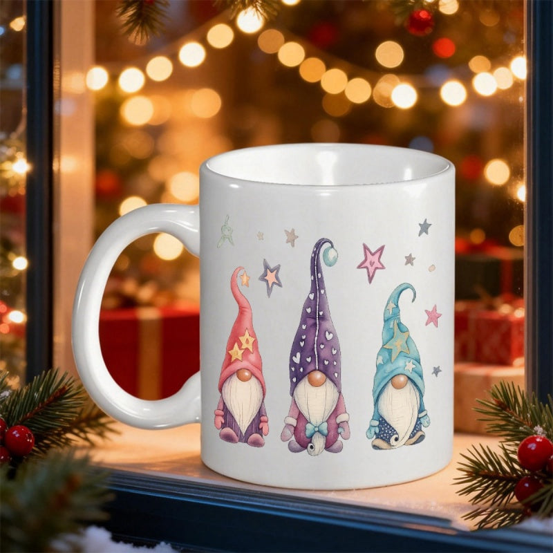 Tailorly White Ceramic 11 oz Mug - Festive Watercolor Christmas Figures Wearing Decorative Pointy Hats Among Sparkling Stars Gnome