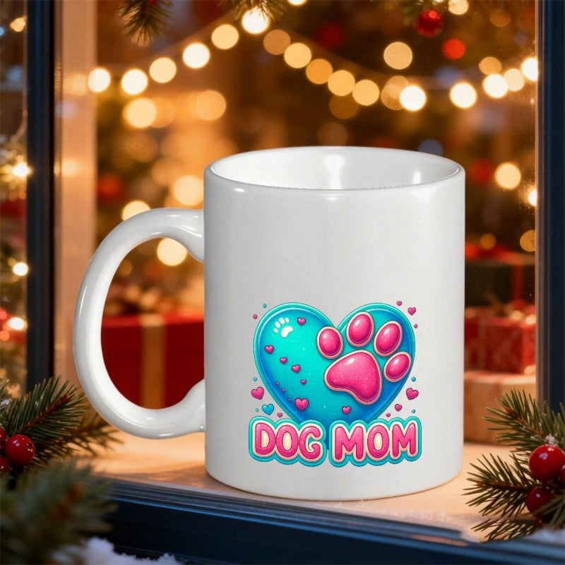 Tailorly White Ceramic 11 oz Mug - Dog Mom Vibrant Turquoise Glossy Heart With Pink Paw Print And Tiny Hearts Heart