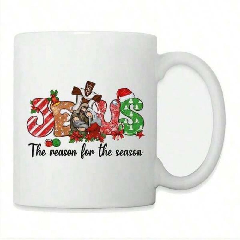 Tailorly White Ceramic 11 oz Mug - Jesus The Reason For The Season Festive Artistic Lettering Decorated With Holiday Patterns And Religious Nativity